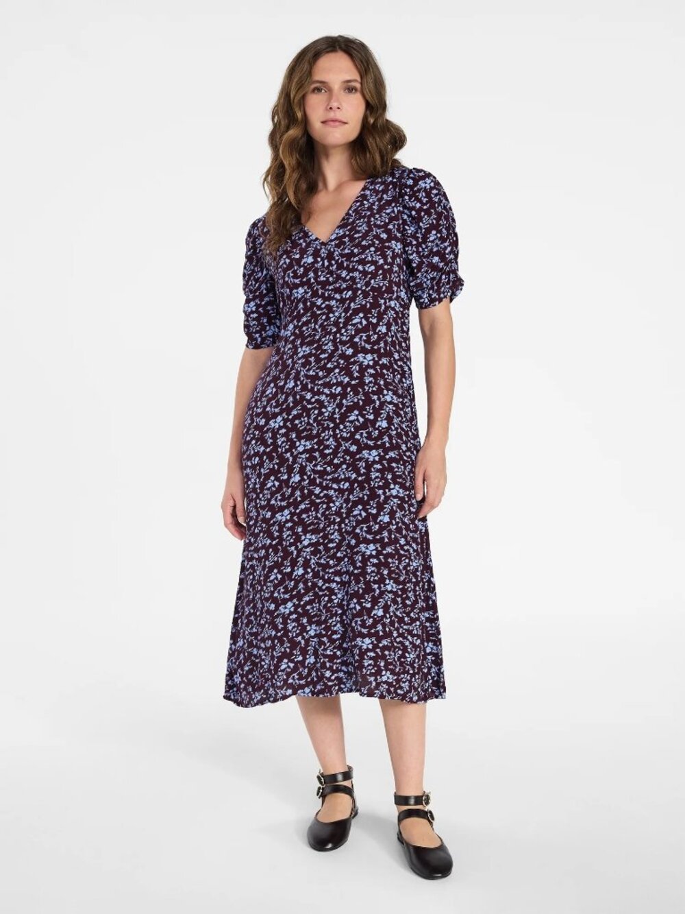 Purple Blue Floral Print Viscose Midi Dress Ruched‎ Short Sleeves Pockets XXL 20